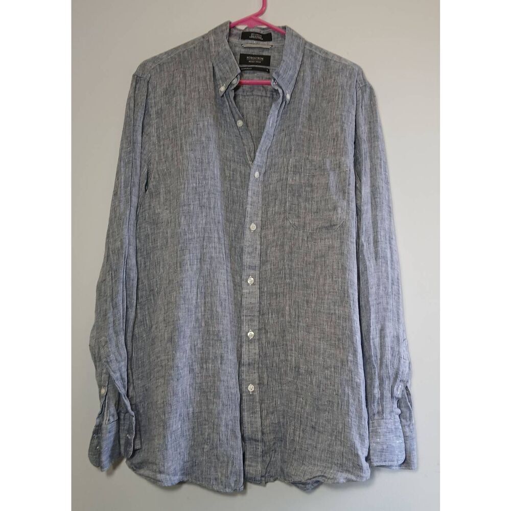 Nordstrom mens large 100% linen shirt gray casual button down longsleeve
